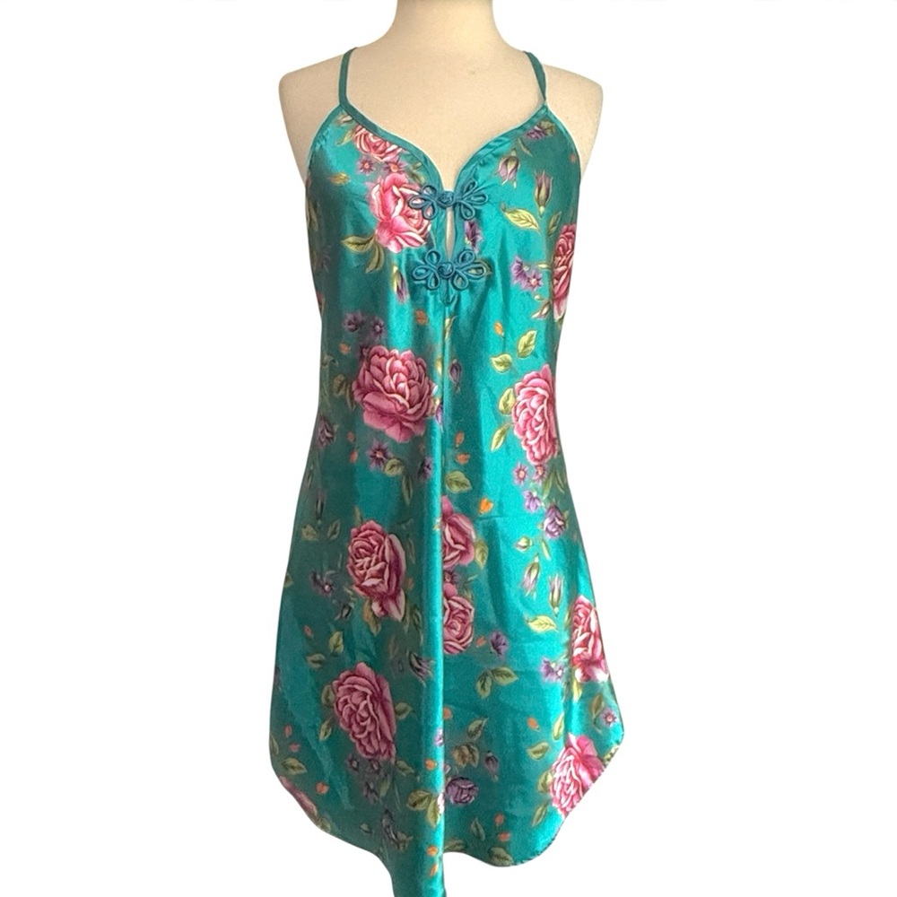 1990’s Teal and Pink Floral Satin Chemise with Spaghetti Straps, Mini, Size L